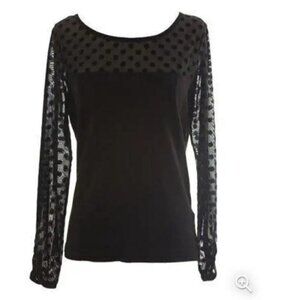 August Silk Black Polka Dot Sheer Sleeve Top Size M